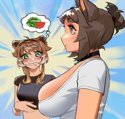 Rule 34 | + +, 2girls, absurdres, animal ears, black choker, blueisalanguage, borrowed character, breasts, brown hair, bursting breasts, choker, commentary, crop top, crossover, dog ears, drooling, english commentary, female pervert, food, fruit, girl staring at guys chest (meme), highres, huge breasts, long hair, looking at another, looking at breasts, making-of available, medium breasts, meme, multiple girls, original, pendant choker, pervert, raccoon ears, raccoon girl, raccoon girl (blueisalanguage), short hair, short ponytail, sideboob, skindentation, thought bubble, vicky wang (haru feng), watermelon, yuri