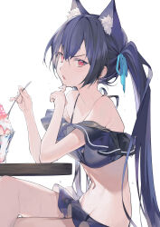 Rule 34 | 1girl, absurdres, amana (pocketkey), animal ear fluff, animal ears, bikini, black hair, blue archive, blue ribbon, commentary request, frilled bikini, frills, hair ribbon, highres, holding, holding spoon, looking at viewer, navel, official alternate costume, red eyes, ribbon, serika (blue archive), serika (swimsuit) (blue archive), simple background, sorbet (food), spoon, swimsuit, twintails, white background