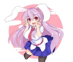 Rule 34 | 1girl, animal ears, black thighhighs, blush, breasts, double v, dress shirt, full moon, leg lift, leg up, long hair, moon, necktie, open mouth, pleated skirt, puffy short sleeves, puffy sleeves, purple hair, rabbit ears, red eyes, red necktie, reisen udongein inaba, shirt, short sleeves, simple background, skirt, smile, solo, sprout (33510539), thighhighs, touhou, v, very long hair, white shirt