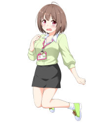 Rule 34 | 1girl, absurdres, ahoge, black skirt, blouse, blush, brown hair, cardigan, embarrassed, felutiahime, full body, gloom (expression), green cardigan, green footwear, harusaki nodoka, highres, hololive, id card, jumping, lanyard, long sleeves, looking at viewer, office lady, pencil skirt, red eyes, shirt, shoes, short hair, simple background, skirt, sneakers, solo, virtual youtuber, white background, white shirt
