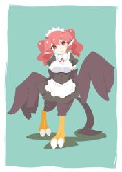 Rule 34 | 1girl, animal ears, big o pants, bird ears, bird legs, bird tail, black feathers, black wings, blush stickers, breasts, commentary request, feather fingers, feathers, fio-chan (big o pants), green background, hair between eyes, harpy, highres, large breasts, long hair, looking at viewer, maid, maid headdress, monster girl, original, red eyes, red hair, smile, solo, tail, talons, twintails, winged arms, wings