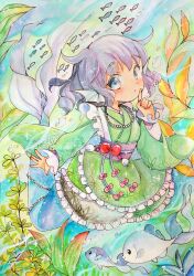 Rule 34 | 1girl, blue background, blue eyes, fins, fish, fish girl, fish tail, green background, green kimono, grey hair, head fins, highres, index finger raised, japanese clothes, kimono, long sleeves, looking at viewer, marker (medium), medium hair, naruki, solo, tail, touhou, traditional media, underwater, wakasagihime