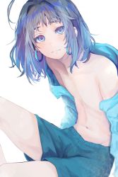 Rule 34 | 1boy, 8root5, absurdres, ahoge, androgynous, blue eyes, blue hair, blue male underwear, blue shirt, boxers, character request, copyright request, earrings, hair intakes, highres, hoop earrings, jewelry, looking at viewer, male focus, male underwear, medium hair, navel, open clothes, open shirt, parted lips, shirt, simple background, sitting, solo, underwear, white background