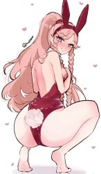 Rule 34 | 1girl, alternate costume, animal ears, ass, backless leotard, blush, braided sidelock, breasts, fake animal ears, fake tail, fire emblem, fire emblem awakening, hand on own chest, highres, leotard, long hair, looking at viewer, looking back, medium breasts, nintendo, olivia (fire emblem), pantyhose, pink eyes, pink hair, playboy bunny, ponytail, rabbit, rabbit tail, red leotard, serafineart1001, smile, solo, squatting, strapless, strapless leotard, tail, tiptoes, watermark, white background