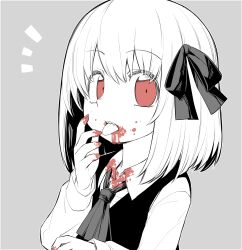 Rule 34 | 1girl, absurdres, ascot, blood, blood on clothes, blood on face, blood on hands, collared shirt, grey background, hair ribbon, highres, long sleeves, oninamako, red eyes, ribbon, rumia, sharp teeth, shirt, short hair, simple background, solo, spot color, teeth, tongue, tongue out, touhou, upper body, vest