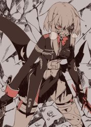 Rule 34 | 1girl, baal (shiomachi), bat wings, bleeding, blood, breath, dual wielding, holding, injury, original, pointy ears, red eyes, shiomachi, short hair, short hair with long locks, sidelocks, skirt, solo, sword, thighhighs, torn clothes, torn skirt, torn thighhighs, weapon, white hair, wings