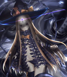 Rule 34 | 1girl, abigail williams (fate), abigail williams (second ascension) (fate), asymmetrical legwear, black bow, black hat, black panties, black thighhighs, blonde hair, bow, closed mouth, commentary request, dutch angle, fate/grand order, fate (series), glowing, hat, hat bow, highres, holding, key, keyhole, long hair, looking at viewer, loots, navel, orange bow, panties, parted bangs, red eyes, revealing clothes, single thighhigh, smile, solo, string panties, stuffed animal, stuffed toy, suction cups, teddy bear, tentacles, thighhighs, topless, underwear, uneven legwear, very long hair, witch hat