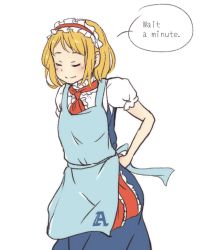 Rule 34 | 1girl, alice margatroid, apron, blonde hair, blue dress, chi-kun (seedyoulater), chii-kun (seedyoulater), closed eyes, dress, english text, hairband, highres, lolita hairband, necktie, puffy sleeves, ribbon, short hair, short sleeves, simple background, smile, solo, text focus, touhou, white background