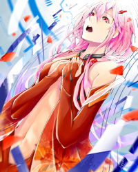 Rule 34 | 1girl, abstract background, bare shoulders, blurry, blurry foreground, breasts, center opening, cleavage, commentary, cowboy shot, detached sleeves, elbow gloves, eto 384, eyebrows hidden by hair, fingerless gloves, gloves, guilty crown, hair between eyes, hair ornament, hair tie, hairclip, hands on own chest, highres, leotard, long hair, looking to the side, low twintails, navel, open mouth, pink hair, red eyes, red leotard, sidelocks, signature, small breasts, solo, teeth, twintails, upper teeth only, yuzuriha inori