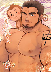 Rule 34 | 1boy, 2016, abs, absurdres, animal, bara, beard, blush, brown eyes, brown hair, chinese new year, facial hair, highres, large pectorals, male focus, manly, monkey, monkey tail, muscular, nipples, on shoulder, one eye closed, original, pectorals, short hair, sideburns, solo, tail, tattoo, terujirou (masateruteru), thick eyebrows, translation request, upper body
