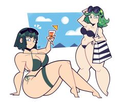 Rule 34 | 2girls, absurdres, black hair, breasts, drink, fubuki (one-punch man), goodbyellow, green eyes, green hair, hellavenderr, highres, large breasts, medium breasts, multiple girls, one-punch man, short hair, tatsumaki, thick thighs, thighs