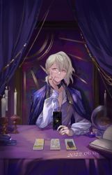 Rule 34 | 1boy, absurdres, ball, bishounen, blonde hair, candle, candle wax, candlelight, card, curtains, glasses, highres, idolish7, jacket, jewelry, long sleeves, looking at viewer, male focus, natsume minami, pingpingj, puffy sleeves, red eyes, ring, semi-transparent, short hair, smile, solo, table, tarot, wax