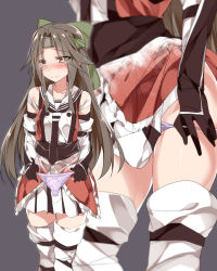 Rule 34 | 10s, 1girl, bare shoulders, black gloves, blush, breasts, brown eyes, brown hair, closed mouth, collarbone, elbow gloves, embarrassed, gloves, grey background, headband, highres, holding, holding clothes, holding panties, holding underwear, jintsuu (kancolle), kantai collection, long hair, looking away, looking to the side, lower body, mtu (orewamuzituda), multiple views, neckerchief, no panties, nose blush, panties, panties day, panty peek, pink panties, pleated skirt, remodel (kantai collection), sash, simple background, skirt, sleeveless, small breasts, teardrop, thighhighs, thighs, underwear, undressing, unworn panties, very long hair, white skirt, white thighhighs, zettai ryouiki
