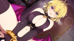 Rule 34 | 10s, 1girl, artist request, breasts squeezed together, breasts, cleavage, demon girl, framed breasts, huge breasts, naughty face, open mouth, ryouna (senran kagura), senran kagura, solo, demon girl, thighhighs