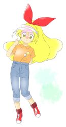 Rule 34 | 1girl, :o, arm behind back, badge, blonde hair, blue pants, button badge, collared shirt, ellen (touhou), hair ribbon, hand up, highres, long hair, looking at viewer, nonamejd, official style, orange shirt, pants, red ribbon, ribbon, shirt, shoes, short sleeves, smiley face, solo, touhou, touhou (pc-98), visor cap, yellow eyes, zun (style)