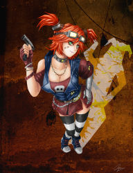 Rule 34 | 1girl, bandaid, bandaid on face, belt, borderlands (series), borderlands 2, bracelet, breasts, choker, cleavage, gaige, gloves, goggles, green eyes, hammer, hand on own hip, heart, heart-shaped pupils, highres, jewelry, necklace, prosthesis, red hair, shoes, smile, sneakers, solo, striped clothes, striped thighhighs, symbol-shaped pupils, tepuya, thighhighs, twintails