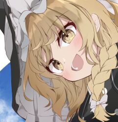 Rule 34 | 1girl, :d, black hat, blonde hair, blush, bow, braid, close-up, commentary request, eyelashes, eyes visible through hair, hair between eyes, hair bow, happy, hat, kirikaze ren, kirisame marisa, long hair, looking at viewer, open mouth, single braid, smile, solo, star-shaped pupils, star (symbol), symbol-shaped pupils, touhou, white bow, witch hat, yellow eyes