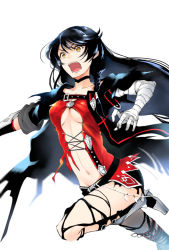Rule 34 | 1girl, bandaged arm, bandages, black choker, black coat, black hair, black legwear, black shorts, breasts, choker, cleavage, coat, collarbone, floating hair, groin, long hair, maodaisuke, medium breasts, midriff, navel, open mouth, outstretched arm, running, short shorts, shorts, simple background, solo, stomach, swept bangs, tales of (series), tales of berseria, torn clothes, torn legwear, torn shorts, underboob, v-shaped eyebrows, velvet crowe, very long hair, white background, yellow eyes