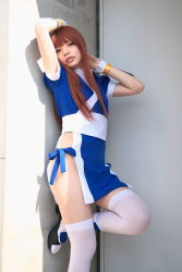 Rule 34 | 1girl, asian, black footwear, breasts, cosplay, dead or alive, highres, kasumi (doa), kasumi (doa) (cosplay), long hair, looking at viewer, namada, outdoors, panties, pelvic curtain, photo (medium), red hair, shoes, side-tie panties, small breasts, solo, tecmo, thighhighs, underwear, white thighhighs