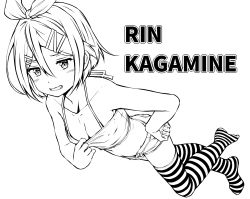 Rule 34 | 1girl, blush, breasts, camisole, camisole pull, character name, cleavage, clothes pull, commentary request, downblouse, full body, greyscale, grin, hair between eyes, hair ornament, hairclip, hand on own hip, highres, kagamine rin, kitsunerider, looking at viewer, monochrome, no shoes, short hair, short shorts, shorts, simple background, small breasts, smile, solo, striped clothes, striped thighhighs, thighhighs, vocaloid