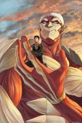 Rule 34 | 2boys, armored titan, bertolt hoover, blonde hair, brown hair, carrying, carrying person, cloud, cloudy sky, from below, giant, giant male, highres, male focus, multiple boys, nene (10575936), reiner braun, shingeki no kyojin, short hair, size difference, sky, spoilers, sunset, titan (shingeki no kyojin)