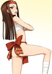 Rule 34 | 10s, 1girl, ;o, ass, bandages, breasts, brown eyes, brown hair, crossed arms, fundoshi, furrowed brow, girls und panzer, headband, japanese clothes, kumadano, long hair, looking at viewer, one eye closed, open mouth, saemonza (girls und panzer), sarashi, simple background, small breasts, solo, thighs, tongue
