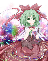 Rule 34 | 1girl, atapon, bow, breasts, dress, female focus, frills, front ponytail, gradient background, green eyes, green hair, hair bow, hair ribbon, highres, kagiyama hina, matching hair/eyes, own hands clasped, own hands together, ribbon, smile, solo, touhou, white background