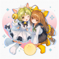 Rule 34 | 2girls, ahoge, animal ears, animal hands, animal hat, apron, bell, blush, bow, brown eyes, brown hair, cat ears, cat girl, cat hat, cat tail, dejiko, di gi charat, dress, flower, full body, gema, gloves, green eyes, green hair, green necktie, hair bell, hair ornament, hat, highres, ichita (yixisama-shihaohaizhi), jingle bell, long hair, looking at viewer, multiple girls, necktie, one eye closed, open mouth, paw gloves, paw shoes, puchiko, sailor collar, school uniform, serafuku, shirt, short hair, short sleeves, skirt, smile, tail, white apron