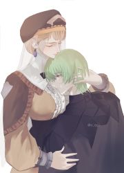 Rule 34 | 1boy, 1girl, armor, artist name, blonde hair, byleth (fire emblem), byleth (male) (fire emblem), cape, closed eyes, closed mouth, crying, earrings, fire emblem, fire emblem: three houses, green eyes, green hair, hat, head on chest, hetero, highres, hug, jewelry, long sleeves, medium hair, mercedes von martritz, nintendo, o qsu, short hair, simple background, tears, twitter username, white background