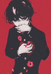 Rule 34 | 1boy, coughing flowers, covered mouth, covering own mouth, flower, gakuran, hand on own chest, hand on own face, hands up, highres, long sleeves, looking at viewer, male focus, mitsubachi (roundbee), monochrome, original, petals, red theme, school uniform, short hair, simple background, solo, tears, upper body