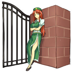 Rule 34 | 1girl, blue eyes, braid, breasts, chinese clothes, crossed arms, gate, hat, hong meiling, jonylaser, large breasts, leaning back, long hair, red eyes, shirt, skirt, skirt set, solo, star (symbol), touhou, twin braids, very long hair, vest, wall