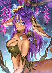 Rule 34 | 1girl, absurdres, blue eyes, breasts, centaur, cleavage, highres, league of legends, lillia (league of legends), lips, medium breasts, pointy ears, purple hair, reindeer girl, solo, staff, tail, taur