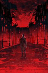 Rule 34 | 1boy, absurdres, ascot, blood, blood on clothes, building, coat, facing viewer, fedora, gloves, hat, highres, inkblot, lamppost, male focus, mask, outdoors, puddle, rain, red sky, road, rorschach, scarf, sky, street, taocan shisi hao, trench coat, watchmen