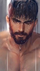 Rule 34 | 1boy, absurdres, black eyes, black hair, body hair, chest hair, close-up, dopey (dopq), facial hair, highres, looking at viewer, male focus, manly, mature male, one eye closed, original, pectorals, rain, short hair, solo, spiked hair, thick eyebrows, topless male, water, water drop, wet, wet hair, wink