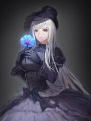 Rule 34 | 1girl, black bow, black dress, black gloves, black hat, blue flower, bow, cowboy shot, dress, flower, frilled sleeves, frills, gloves, gown, green eyes, grey background, hat, holding, holding flower, juliet sleeves, kankito, long hair, long sleeves, looking at viewer, original, puffy sleeves, simple background, smile, solo, swept bangs, veil, waist bow, white hair
