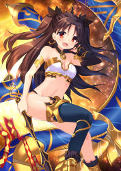 Rule 34 | 1girl, :d, asymmetrical legwear, asymmetrical sleeves, bare shoulders, bikini, black panties, black ribbon, black thighhighs, blush, breasts, brown hair, cleavage, commentary, craytm, detached sleeves, earrings, english commentary, fate/grand order, fate (series), hair between eyes, hair ribbon, hand up, heavenly boat maanna, highres, holding, holding weapon, hoop earrings, ishtar (fate), jewelry, long hair, long sleeves, looking at viewer, open mouth, panties, parted bangs, red eyes, revealing clothes, ribbon, single detached sleeve, single thighhigh, small breasts, smile, solo, strapless, strapless bikini, swimsuit, thighhighs, tiara, two side up, underwear, uneven legwear, uneven sleeves, very long hair, weapon