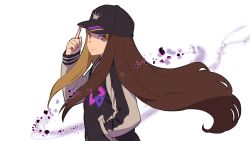 Rule 34 | 1girl, absurdres, adjusting clothes, adjusting headwear, baseball cap, black hat, black jacket, brown eyes, brown hair, commentary, crown print, debris, finger to headwear, from side, galaco, galaco (neo), hand in pocket, hand up, hat, highres, index finger raised, jacket, long hair, looking at viewer, looking to the side, multicolored hair, smile, solo, streaked hair, tarokazu, upper body, very long hair, vocaloid, white background