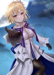 Rule 34 | 1girl, archetype earth, arcueid brunestud, bare shoulders, beckoning, blonde hair, blush, breasts, cleavage, cloud, cloudy sky, commentary request, cowboy shot, detached sleeves, dot nose, dress, fate/grand order, fate (series), flower, full moon, hair flower, hair ornament, highres, leg up, long sleeves, looking at viewer, medium hair, moon, night, red eyes, sky, smile, solo, tsukihime, white dress, yuyuenimo