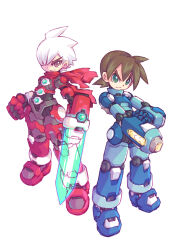 Rule 34 | 2boys, arm blade, arm cannon, armor, blue armor, brown eyes, brown hair, character request, clenched hand, energy sword, full body, green eyes, highres, iikoao, male focus, mega man (series), mega man legends (series), mega man volnutt, multiple boys, red armor, short hair, sword, weapon, white hair