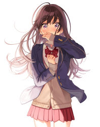 Rule 34 | 1girl, ahoge, black hair, blazer, blue jacket, blush, bow, bowtie, brown cardigan, buttons, cardigan, collared shirt, covering own mouth, cowboy shot, dress shirt, floating hair, hand up, highres, jacket, legs apart, long hair, long sleeves, looking at viewer, miniskirt, nose blush, open clothes, open jacket, original, pink skirt, pleated skirt, purple eyes, red bow, red bowtie, sanpaku, school uniform, shigure ui, shirt, sidelocks, skirt, sleeves past wrists, solo, standing, tareme, white shirt, wide-eyed, wing collar