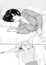 Rule 34 | 1girl, absurdres, bed, bed sheet, black hair, blunt bangs, blush, breasts, buttons, cleavage, collarbone, feet out of frame, fever, fingernails, greyscale, highres, holding, large breasts, long sleeves, lying, monochrome, on side, open mouth, original, pajamas, pillow, pocket, pov, pov hands, short hair, signature, single sidelock, solo, sweat, takenoko no you, thermometer