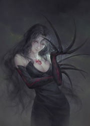 Rule 34 | 1girl, absurdres, areola slip, bare shoulders, black background, black dress, black gloves, black hair, breasts, chest tattoo, claws, cleavage, cowboy shot, dress, elbow gloves, fullmetal alchemist, gloves, highres, large breasts, long hair, looking at viewer, lust (fma), mie kyu9, ouroboros, smile, solo, strapless, strapless dress, tattoo