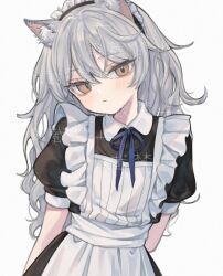 Rule 34 | 1girl, animal ear fluff, animal ears, apron, blue ribbon, blush, brown eyes, closed mouth, commentary request, commission, facing viewer, frilled apron, frilled hairband, frills, grey hair, hair between eyes, hairband, long hair, looking to the side, maid, maid apron, maid headdress, mimelond, neck ribbon, original, puffy short sleeves, puffy sleeves, ribbon, short sleeves, sideways glance, simple background, solo, upper body, watermark, white apron, white background