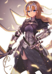 Rule 34 | 1girl, armor, armored dress, black thighhighs, blonde hair, blue eyes, botamochi (botamochi art), braid, capelet, chain, commentary request, fate/apocrypha, fate (series), faulds, feathers, flag, gauntlets, headpiece, jeanne d&#039;arc (fate), jeanne d&#039;arc (ruler) (fate), light particles, looking at viewer, sheath, sheathed, simple background, single braid, smile, solo, sword, thighhighs, weapon, white background