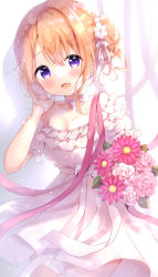 Rule 34 | 1girl, :d, amedamacon, bare shoulders, blush, bouquet, breasts, brown hair, choker, cleavage, commentary, dress, english commentary, flower, frilled dress, frills, gochuumon wa usagi desu ka?, hair between eyes, hair flower, hair ornament, hand up, highres, hoto cocoa, looking at viewer, medium breasts, off-shoulder dress, off shoulder, open mouth, pink flower, pink rose, puffy short sleeves, puffy sleeves, purple eyes, rabbit hair ornament, rose, short sleeves, side ponytail, smile, solo, white choker, white dress, white flower, white rose