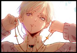 Rule 34 | 1boy, beads, black border, blonde hair, blue eyes, blurry, border, closed mouth, collar, collared shirt, depth of field, ear piercing, fingernails, hands up, holding, jewelry, kuo tasuku, linked piercing, lip piercing, lips, long sleeves, looking afar, male focus, nana (series), necklace, off shoulder, okazaki shin&#039;ichi, piercing, portrait, punk, ring, shirt, short hair, sideways glance, simple background, solo, sweater, white background