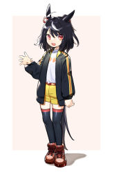 Rule 34 | 1girl, absurdres, ahoge, animal ears, arm at side, belt, black hair, black jacket, black thighhighs, full body, hand up, high tops, highres, horse ears, horse girl, horse tail, jacket, kitasan black (umamusume), long sleeves, looking at viewer, michia (bourgognepony), multicolored hair, open mouth, red eyes, red footwear, shadow, shirt, shoes, short hair, shorts, simple background, smile, sneakers, solo, standing, streaked hair, tail, thighhighs, umamusume, waving, white shirt, yellow shorts