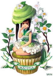 Rule 34 | 1girl, brown eyes, brown hair, corset, cream, cupcake, dress, flower, food, food on face, food on head, frills, green dress, green theme, icing, in food, japanese clothes, kneeling, lolita fashion, long hair, mini person, minigirl, muffin, nayoung wooh, object on head, original, personification, side ponytail, signature, sitting, sleeveless, solo, tongue, yokozuwari
