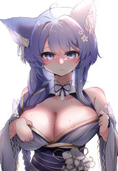 Rule 34 | 1girl, animal ear fluff, asashio (azur lane), asashio (snow-dusted lynx tips) (azur lane), azur lane, bad id, bad pixiv id, braid, breasts, cleavage, detached sleeves, highres, japanese clothes, kimono, large breasts, long hair, official alternate costume, purple eyes, purple hair, purple kimono, purple sash, sash, simple background, solo, tadai nu, white background, wide sleeves