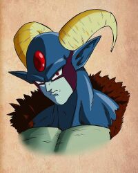 Rule 34 | 1boy, blue skin, brown background, colored skin, commentary request, dragon ball, dragon ball super, forehead jewel, highres, horns, male focus, moro (dragon ball), pointy ears, portrait, red eyes, salvamakoto, serious, slit pupils, solo, spanish commentary